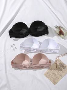 3 Packs Basic Multicolor Strapless Demi-Cup Bra Comfort Push Up Removable Bra