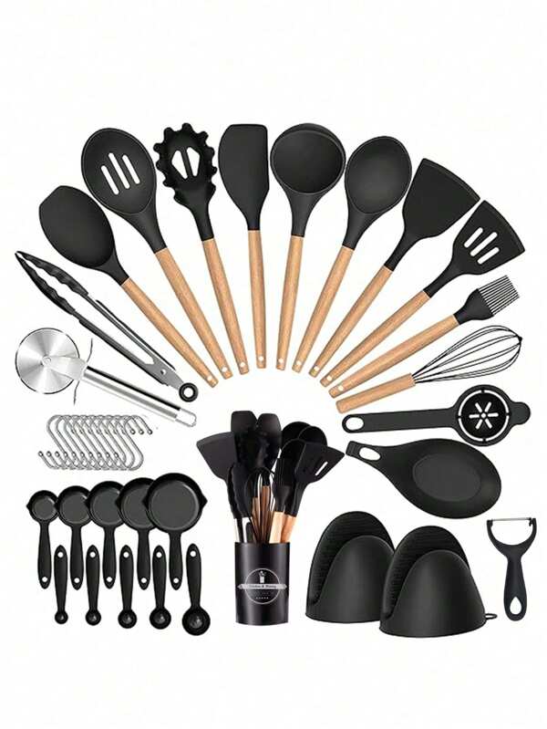 Conjunto de 36 peças, 36 utensílios de cozinha de silicone, conjunto de utensílios de cozinha resistentes ao calor com cabos de madeira, utensílios de cozinha antiaderentes, incluindo colheres raspadoras, facas de pizza, utensílios de cozinha, acessórios de cozinha, itens de cozinha para casa