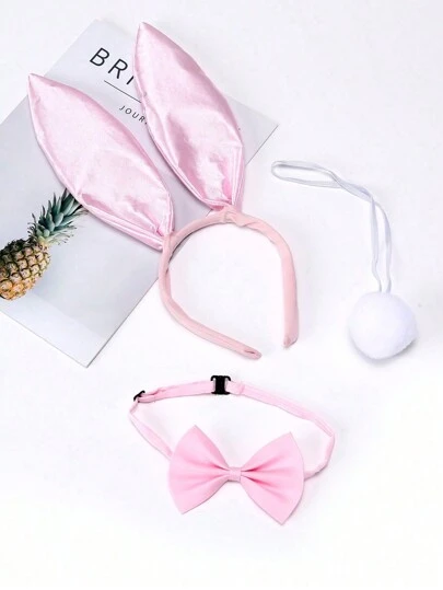 3pcs/Set Pink Sexy Bunny Ear Headband, Bowknot, Fluffy Tail Costume Set, Suitable For Festive Galas, Parties, Performances, And Everyday Dress-Up Prom