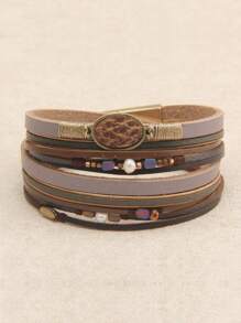 1pc Fashionable Personalized Round Metal Charm Multi-Layer Snake Skin Leather Wrap Bracelet, Gift For Girlfriend/Mom - Can Be Worn In Any Position On The Wrist