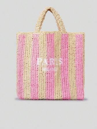 春夏条纹手工草编包女刺绣字母沙滩度假单肩包撞色纸编织手提包