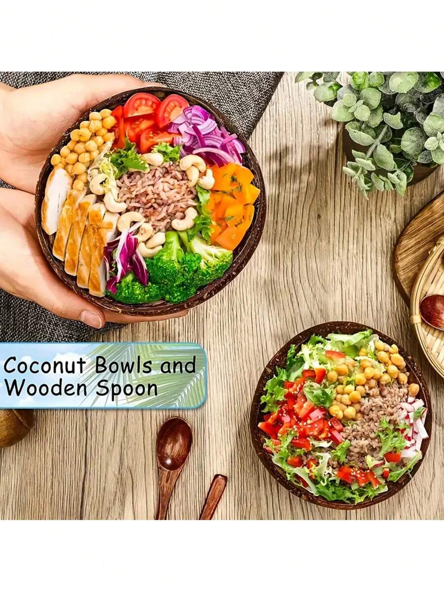 Bộ bát dừa, bát gỗ tự nhiên đựng sữa chua, sinh tố và các món ăn thuần chay kèm thìa gỗ - 1 bát + 1 thìa - Xem 1