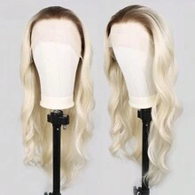 Ombre Platinum Blonde Body Wave Synthetic Hair Wigs 13x4 Lace Front Wigs For Women 26 Inch Dark Root  Long Wavy Lace Frontal Wig - 漸層金髮女郎 - 查看 4