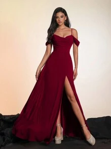 优雅红色吊带高开衩雪纺正式晚礼服，修身及地长裙，女士正式晚礼服，经典舞会礼服，伴娘礼服，春季婚礼礼服 - 紅色 - 查看 3