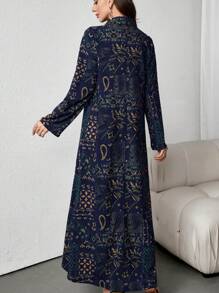 春冬新款印花长裙度假宽松女士印花连衣裙 - 藏蓝色 - 查看 3