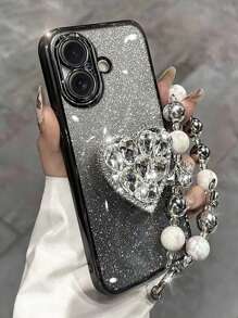 时尚奢华水钻心形创意立体支架带闪光渐变防摔软壳和手链兼容 iPhone 16/15/14/13 Pro Max X XR、S25/S24/S23 Ultra Plus、Moto、华为、小米、Redmi Note、OPPO Reno 11/10、Vivo - 銀色 - 查看 3