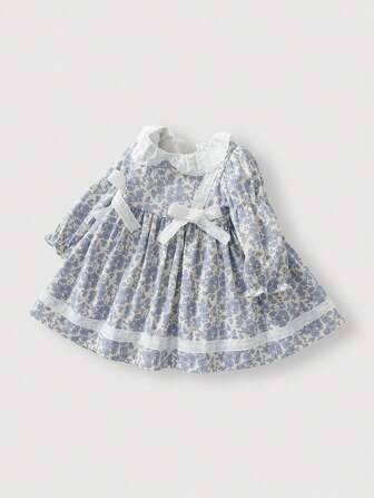 女婴蕾丝碎花蝴蝶结连衣裙，森系风格，春夏