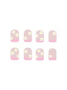24 pièces de faux ongles carrés courts et brillants, avec des éléments de conception florale douce rose pâle française. Convient pour la décoration des ongles des femmes. Comprend 1 pièce de bande de gel et un bloc de polissage pour les ongles