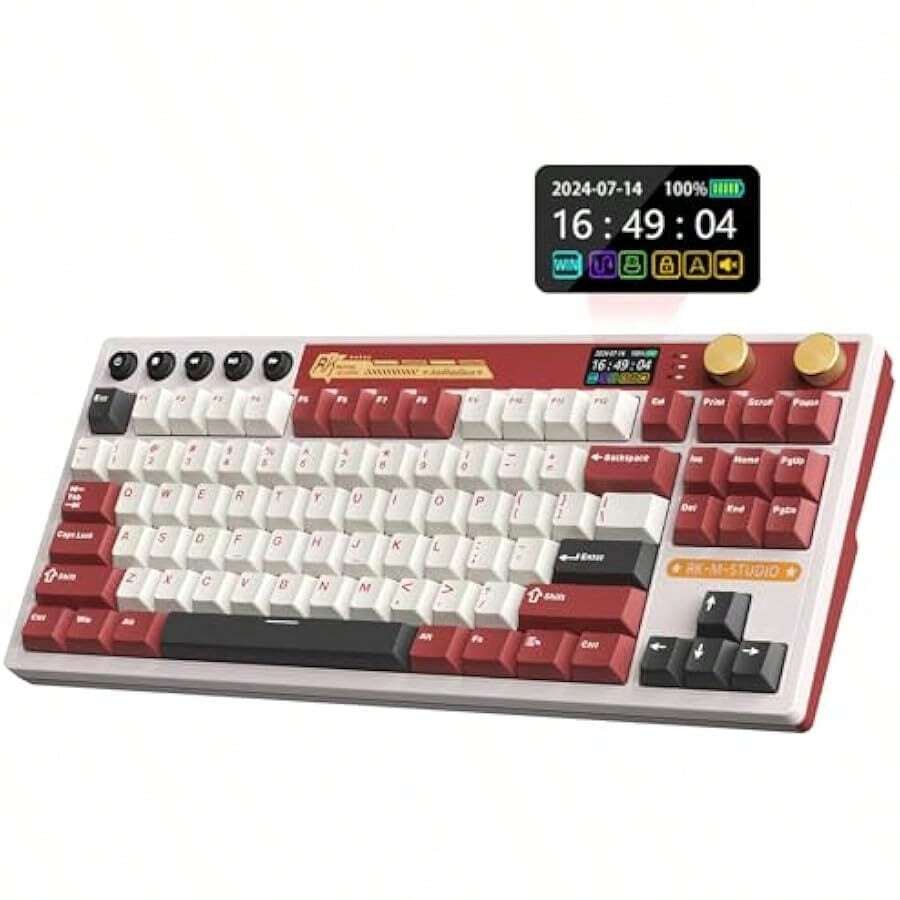 M87 Wireless Mechanical Keyboard 75 Percent Layout 2.4Ghz Bluetooth USB-C Gasket RGB Keyboard With 7500mAh Battery LCD Smart Display Dual Knob Cream Switch Red - Red1 - View 1