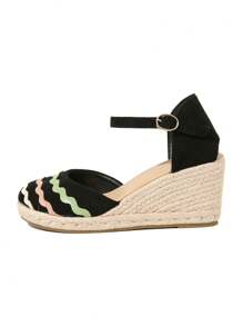 2025 New Wedge Thick Sole Spring Summer Sandals For Women, Linen Rope Closed Toe Platform Round Toe Embroidered Lightweight Casual Shoes, Plus Size - Black - View 10