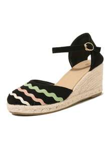 2025 New Wedge Thick Sole Spring Summer Sandals For Women, Linen Rope Closed Toe Platform Round Toe Embroidered Lightweight Casual Shoes, Plus Size - Black - View 9