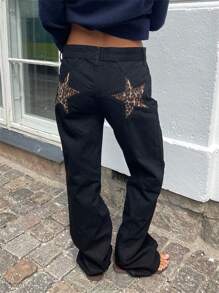 Baggy Jeans For Women Star Pattern High Waisted Straight Wide Leg Denim Pants Loose Fit Vintage 90s Jeans Streetwear Trousers Low Rise Distressed Cargo Denim Pants Aesthetic Clothes - màu đen - Xem 3