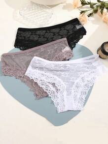 3pcs Women's Multi-Color Butterfly Lace Pattern Breathable Low-Waist Sexy Briefs - Multicolor - View 2