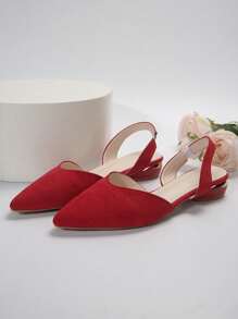 Giày đế bằng thời trang mới cho nữ, mũi nhọn bằng da lộn giả có quai sau, gót mạ vàng, gót thấp thoải mái, giày hở gót gợi cảm, quà tặng - Đỏ - Xem 10