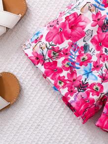 女孩年轻女孩休闲风格玫瑰红色针织吊带拼接花卉数码印花连体裤，适合外出、户外、休闲度假和家居服，夏季 - 玫紅色 - 查看 6