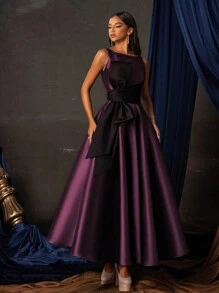 Smilprince Đầm midi satin màu tím thanh lịch không tay, thắt eo kiểu dáng chữ A, thích hợp cho phụ nữ tham dự các buổi tiệc cocktail trang trọng, dạ hội, tiệc tùng hoặc các sự kiện khách mời đám cưới mùa xuân. - Màu tím - Xem 1