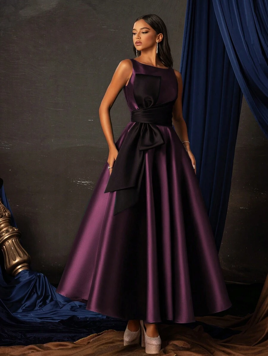 Smilprince Đầm midi satin màu tím thanh lịch không tay, thắt eo kiểu dáng chữ A, thích hợp cho phụ nữ tham dự các buổi tiệc cocktail trang trọng, dạ hội, tiệc tùng hoặc các sự kiện khách mời đám cưới mùa xuân. - Màu tím - Xem 1