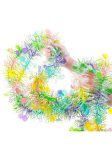 3Pcs Easter Tinsel Garland With Confetti Colorful Metallic Tinsel Twist Garland Spring Hanging Garland Decoration For Green Easter Garland For Mantle Decorations With Colorful Eggs, Glitter Spring Garland For Easter Tree Decor, Metallic Easter Eggs Garland For Home Indoor/Outdoo,Vibrant Spring Decor For Doors, Trees And Mantels ,Perfect For Easter Celebrations