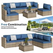 Vongrasig 7 Piece Outdoor Patio Furniture Sets, PE Rattan Wicker Sectional Patio Sofa Couch With Tea Table & Washable Cushions - 藏蓝色 - 查看 5