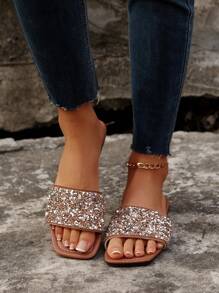 Plus Size Women Student Slip-On Sandals, New Fashion Square Toe Flat Sandals With Rhinestones, Comfortable Soft Sole Slip-On Slippers, Suitable For Dress, Beach, Summer