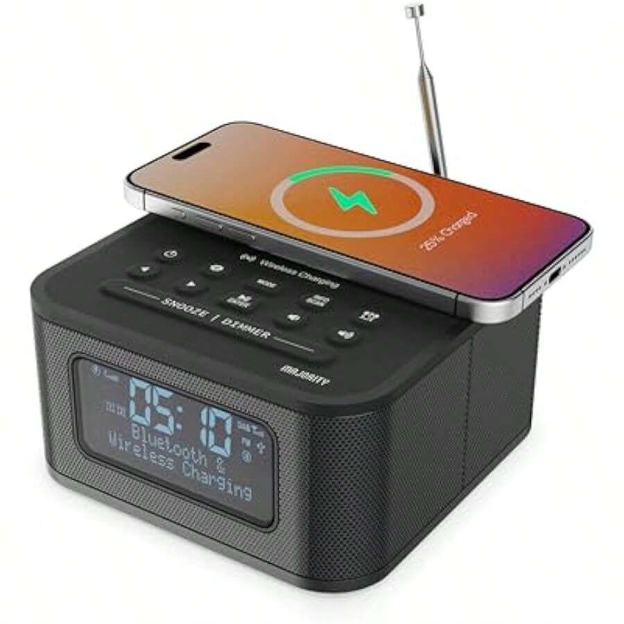 Bedside Clock Radio With Bluetooth | 15W Wireless Charging USB Port | DAB+ FM | Loud Dual Alarm Sleep Snooze Function | Large Dimmable Backlit LCD Display - Black1 - View 1