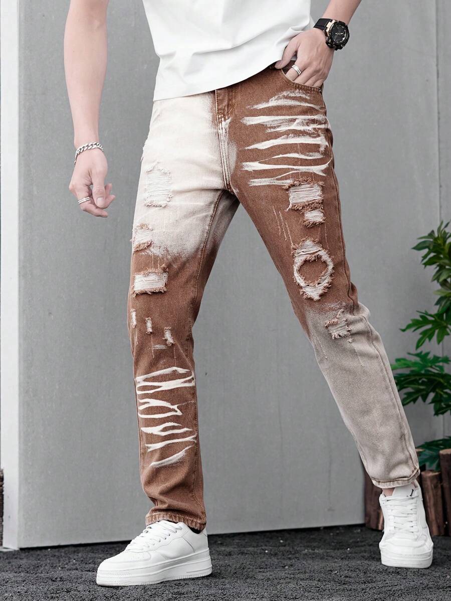 Pantalones vaqueros rectos con ajuste delgado de estilo callejero desteñidos para adolescentes chicos - Caqui - Ver 1