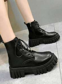 Botas cortas de estilo británico para mujer, Botas de Agujetas para Mujer, Botas Militares de Combate con Cordones para Mujer, Botas de combate con cremallera lateral minimalista, diseño de hebilla, con cordones frontales, para combinar con ropa de otoño