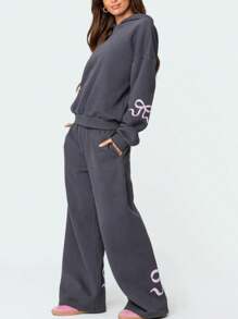 Women Y2k 2 Piece Outfits Sweatsuit Oversized Bow Print Sweatshirt And Sweatpants Graphic Hoodie + Wide Leg Pants Tracksuit Sweat Lounge Matching Set 2024 Fall Streetwear Fall Spring Outfit Aesthetic Clothes - 深灰色 - 查看 3