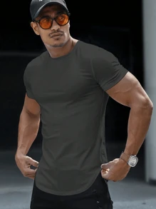 Camiseta Masculina de Manga Curta com Gola Careca de Cor Sólida, Uso Casual Diário