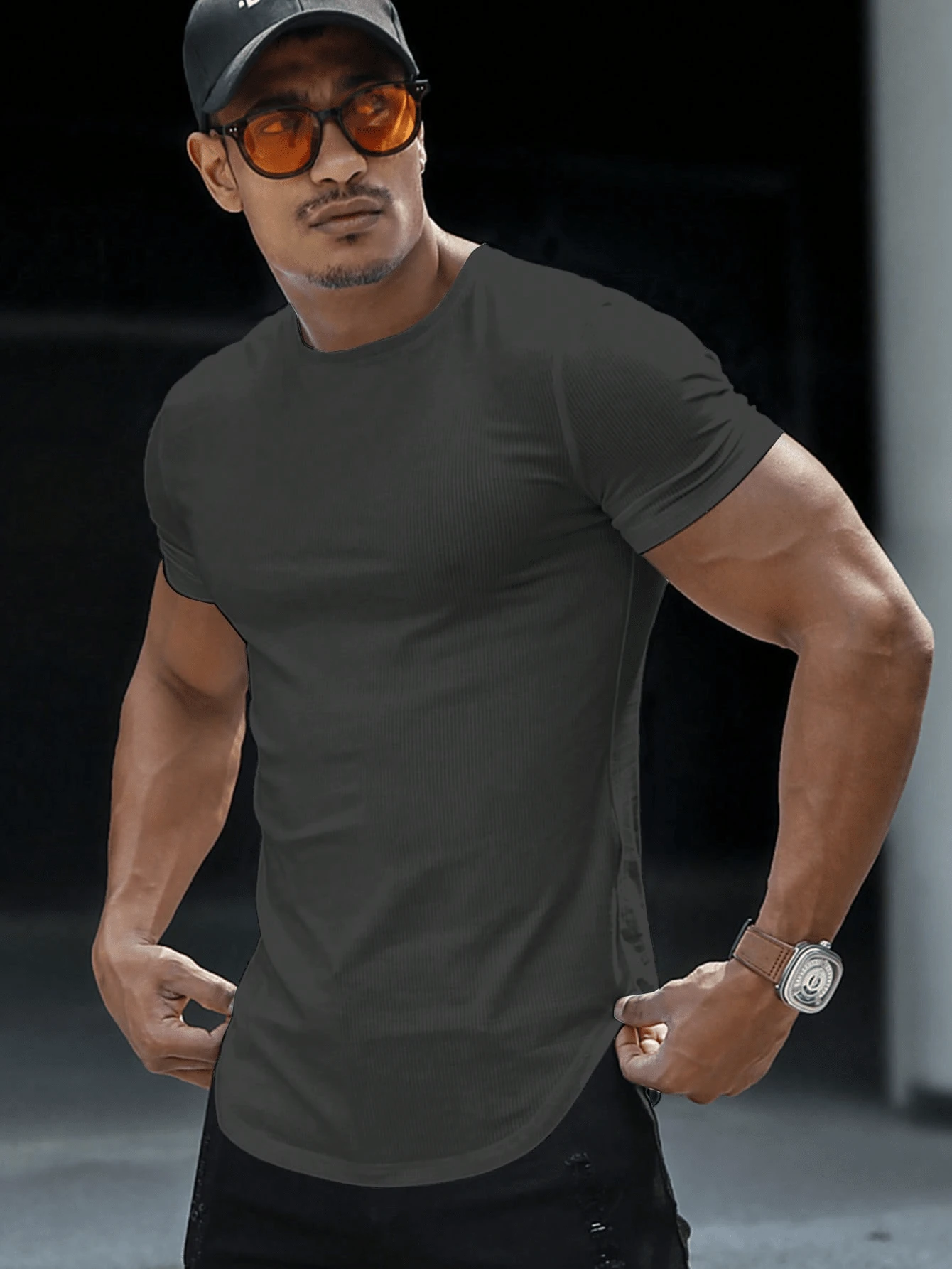 Camiseta Masculina de Manga Curta com Gola Careca de Cor Sólida, Uso Casual Diário