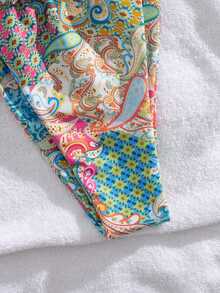 2pcs/Set New Soft Cup Adjustable Strap Printed Tie Front Elegant Party Bikini Swimwear, Summer Beach Fashion Swimwear For Women