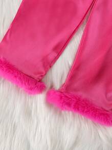 Girls Fuchsia Solid Long Sleeve Fluffy Top And Pants Suit - Hot Pink - View 7