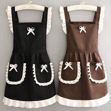 2pcs Set Cute Japanese Style Maid Apron, Coffee Color + Black Color, Bib & Waist Tie, For Kitchen, Restaurant Work - Coffee Brown - View 7