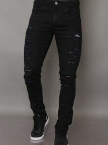 Calça Masculino Preto Rasgado de Sarja Estilosa - Preto - Visão 1