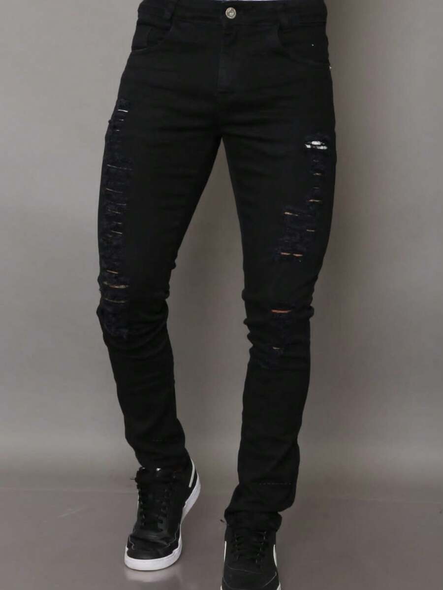 Calça Masculino Preto Rasgado de Sarja Estilosa - Preto - Visão 1