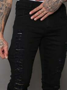Calça Masculino Preto Rasgado de Sarja Estilosa - Preto - Visão 3