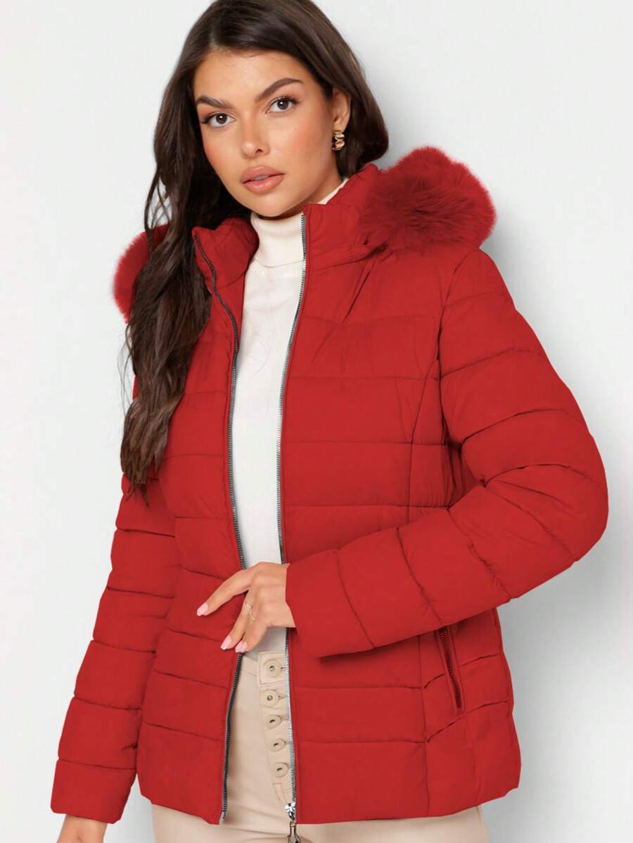 Shendy Vendy Women's Warm Polyester Jacket With Fur Collar - Red 2 - View 1