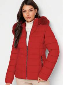 Shendy Vendy Women's Warm Polyester Jacket With Fur Collar - Red 2 - View 2