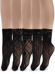 5 Pairs Lace Short Socks, Hollow Fishnet Socks, High Elasticity Women's Calf Socks, Women's Mid-Calf Socks, Short Socks - Black - View 1