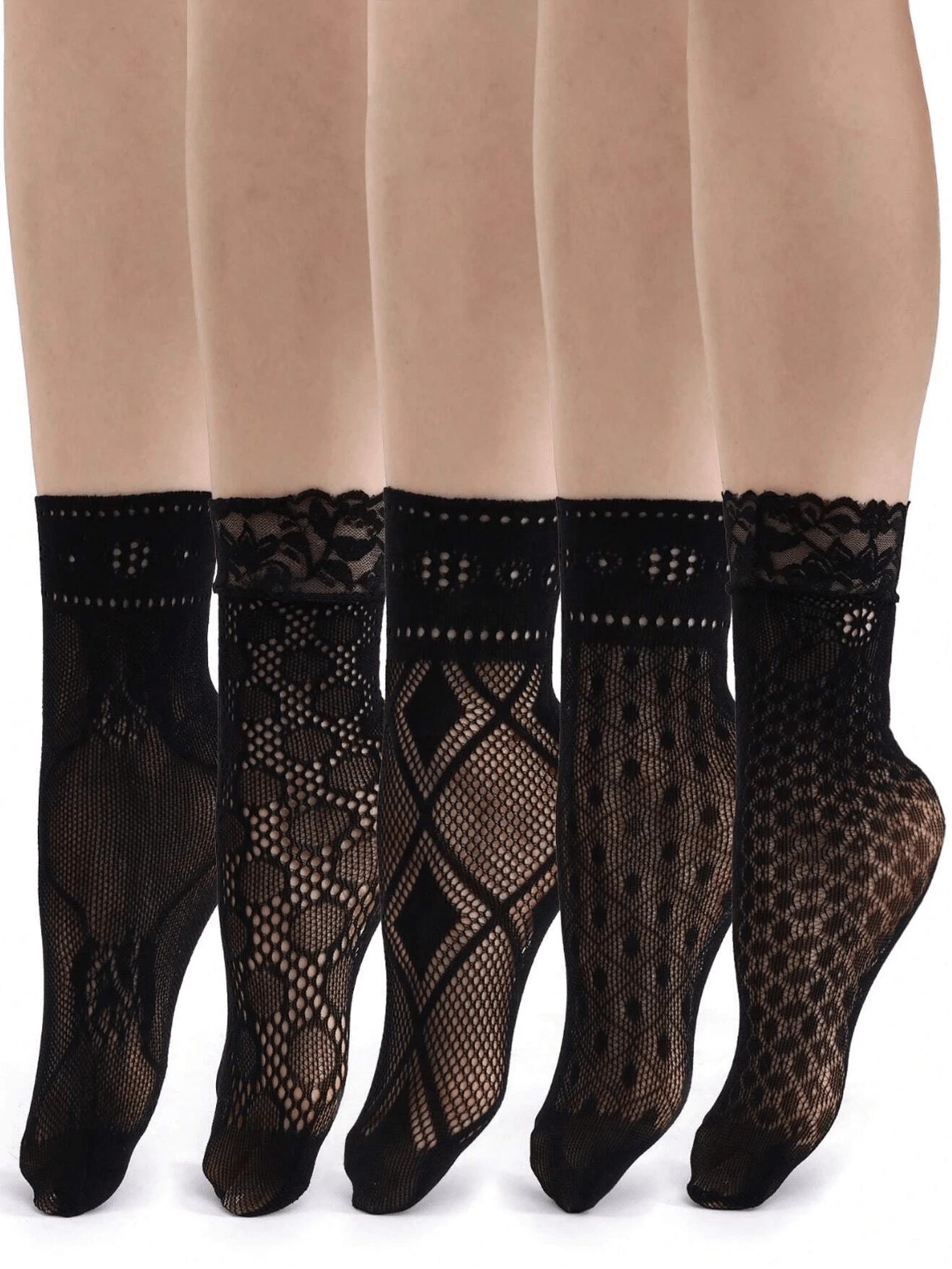 5 Pairs Lace Short Socks, Hollow Fishnet Socks, High Elasticity Women's Calf Socks, Women's Mid-Calf Socks, Short Socks - Black - View 1