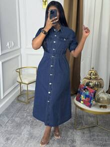 Elegant Women's Denim Dress Long With Sleeves, Button Closure & Pockets – Stylish Blue Casual Dress - 深色水洗藍 - 查看 3