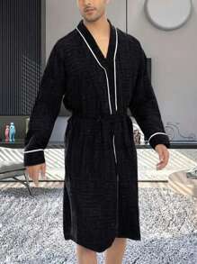 Men's Lightweight V-Neck Tie Waist Sleepwear Robe For Spring/Summer - Dark Grey - View 3
