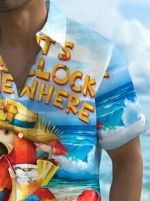 Men's Front Button Short Sleeve Animal Print Casual Top, Daily Wear - Blue - View 3