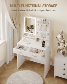 Hzuaneri Dressing Table With LED Light, 2 Sockets And 2 USB Ports Dressing Table With 2 Drawers And 4 Open Shelves, Storage Organiser Compartment. Suitable For Bedroom, Living Room, White