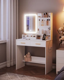 Hzuaneri Dressing Table With LED Light, 2 Sockets And 2 USB Ports Dressing Table With 2 Drawers And 4 Open Shelves, Storage Organiser Compartment. Suitable For Bedroom, Living Room, White