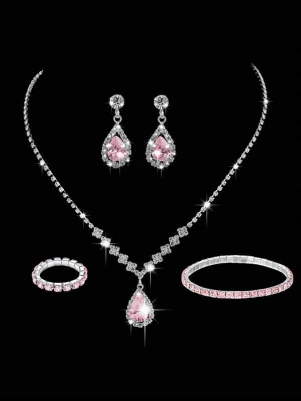 5-teiliges funkelndes Strass-Schmuckset, rosafarbene Y2K-Ohrringe, Ring, Armband, Halskette Kombination, Braut Hochzeitskleid Accessoires