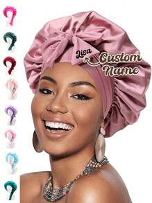 (Customized) 1pc Personalized Printed Elastic Satin Round Cap, Solid Color Women Long Hair Sleeping Cap, Makeup Cap, Curling Iron Cap, Suitable For Daily Use