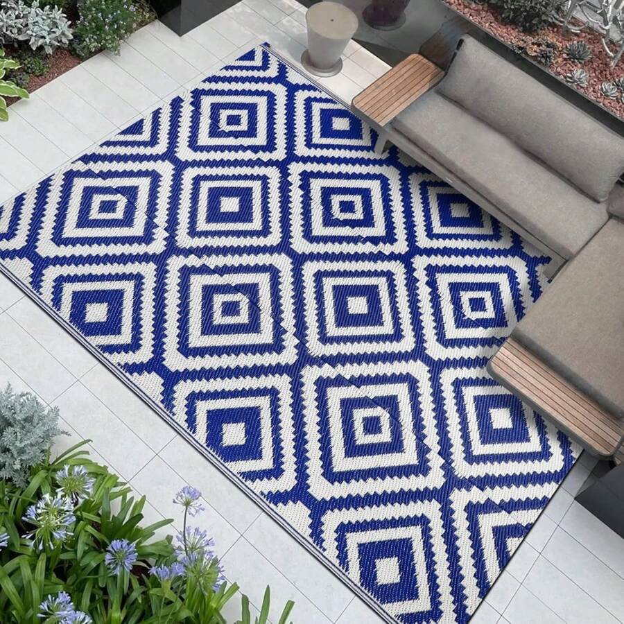 Outdoor Patio Rugs Waterproof Large Plastic Straw Rugs Reversible Portable Picnic Blanket Easy Cleanning Camping Mat Outdoor Area Rug For Garden Balcony Deck - Blue - View 1