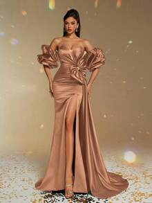Smilprince New Elegant Solid Color Formal Evening Gown, Fitted Off-Shoulder Ruffle Satin Bow, Sophisticated Party Formal Dress For Ladies, Wedding Guest Attire - Brown - View 3