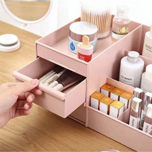Organizador de Mesa Multiuso com Gavetas Escritório Maquiagem Branco Preto Rosa Eom Utilidades